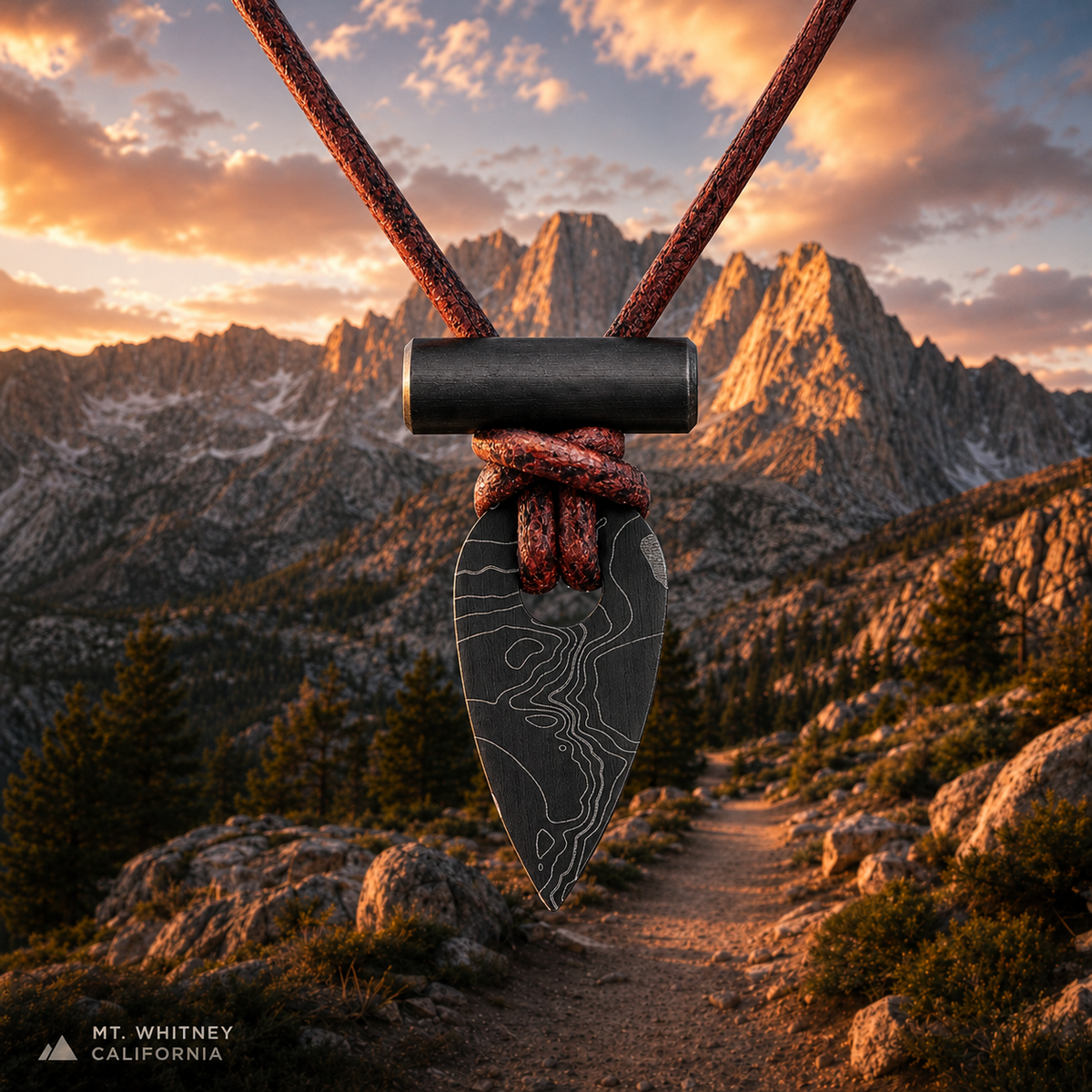 Black Mt. Whitney Topo Edition Spark Necklace with subtle topo-engraved ceramic waypoint pendant over a Sierra Nevada trail at sunset