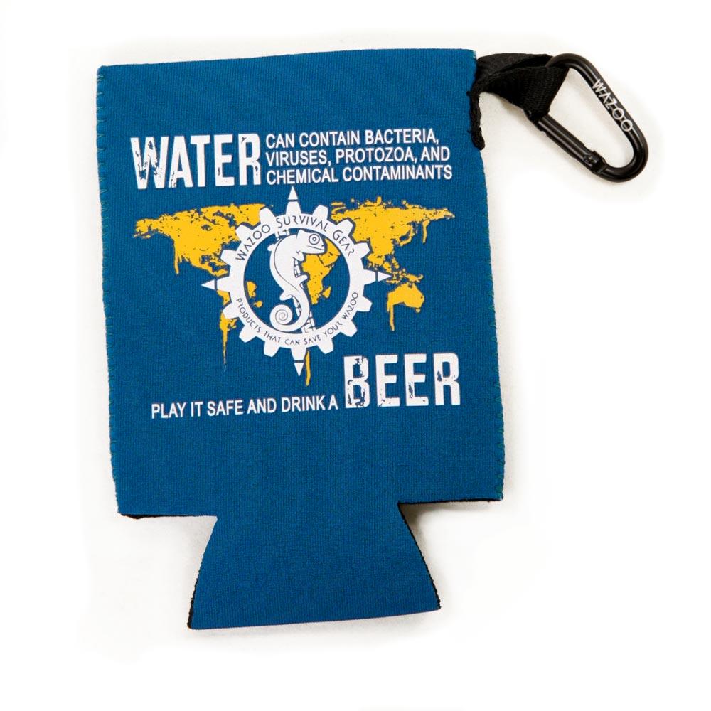 cache beer coat in royal blue with carabiner and pocket to hold credit card size items