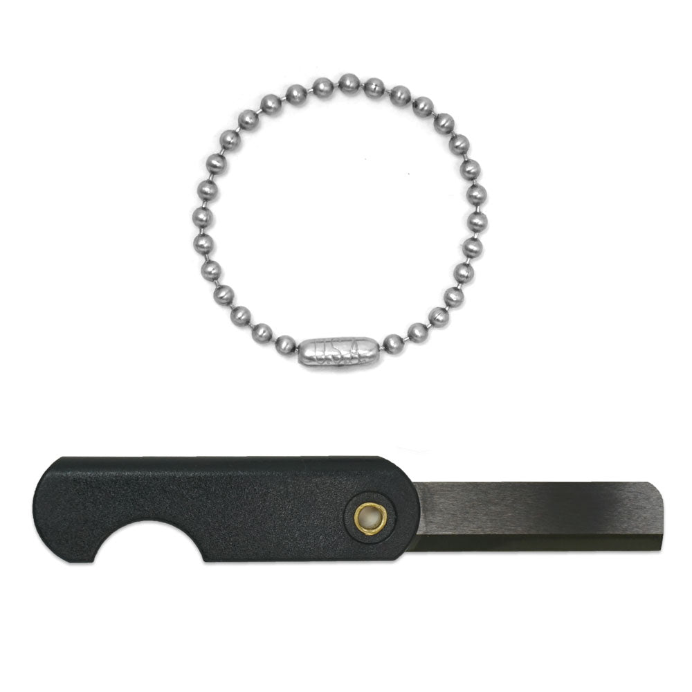 ceramic folding knife opened up with stainless steel ball chain keychain