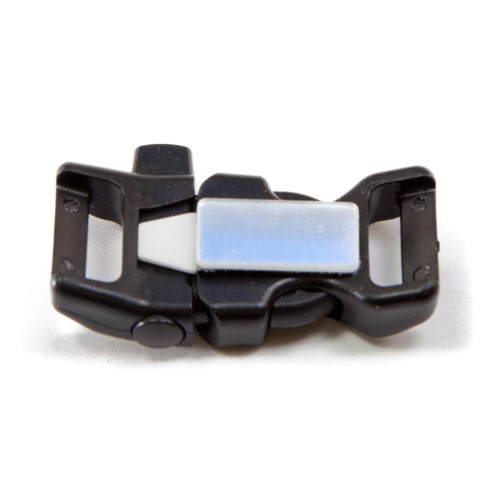 backside of a closed buckle with ceramic scraper whistle and signal mirror that faces wrist side down used for survival bracelets