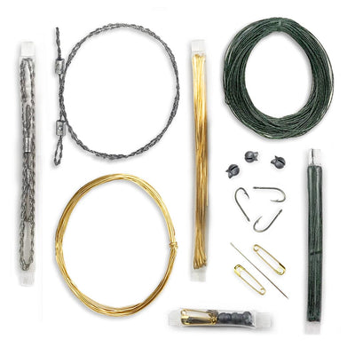 Micro survival kit waterproof tubes with fishing and repair gear, snare wire, and wire saw