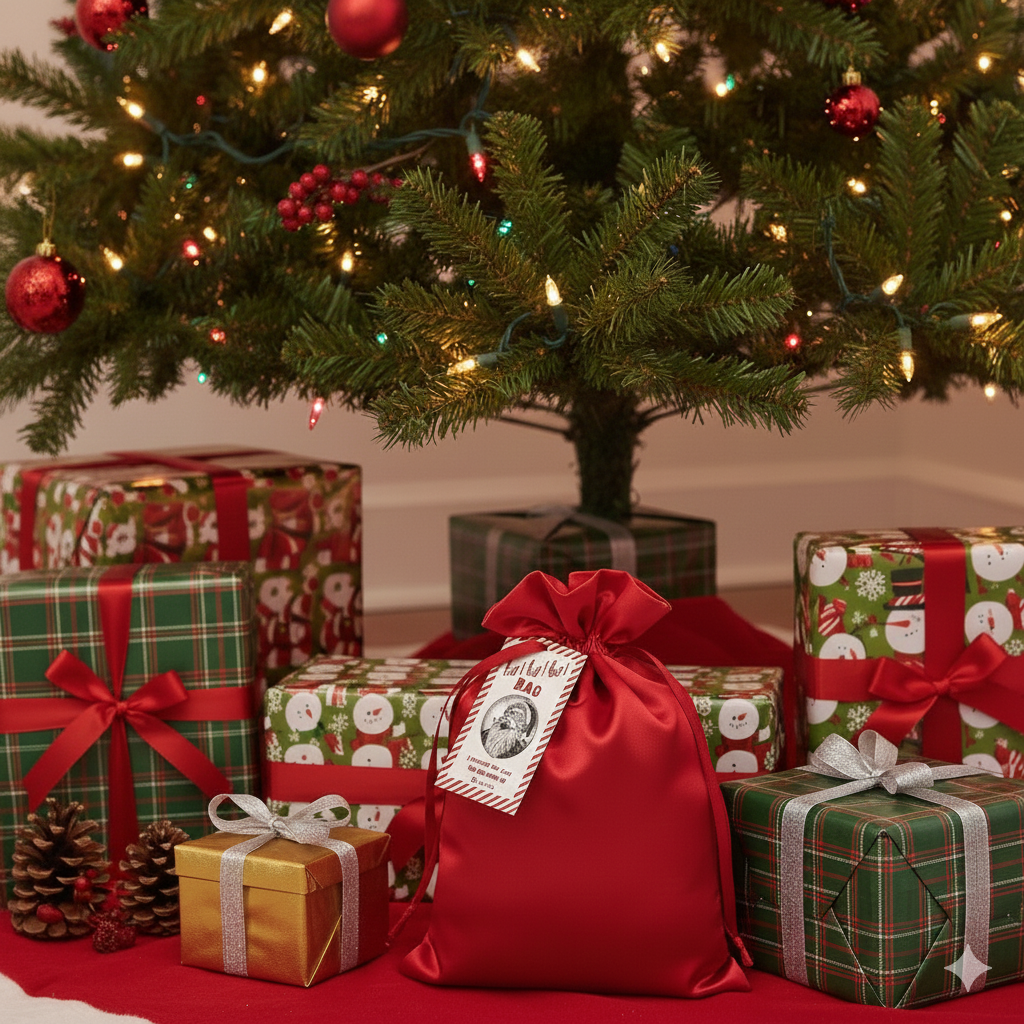 Christmas presents under a decorated tree with red ribbon and gift tags.