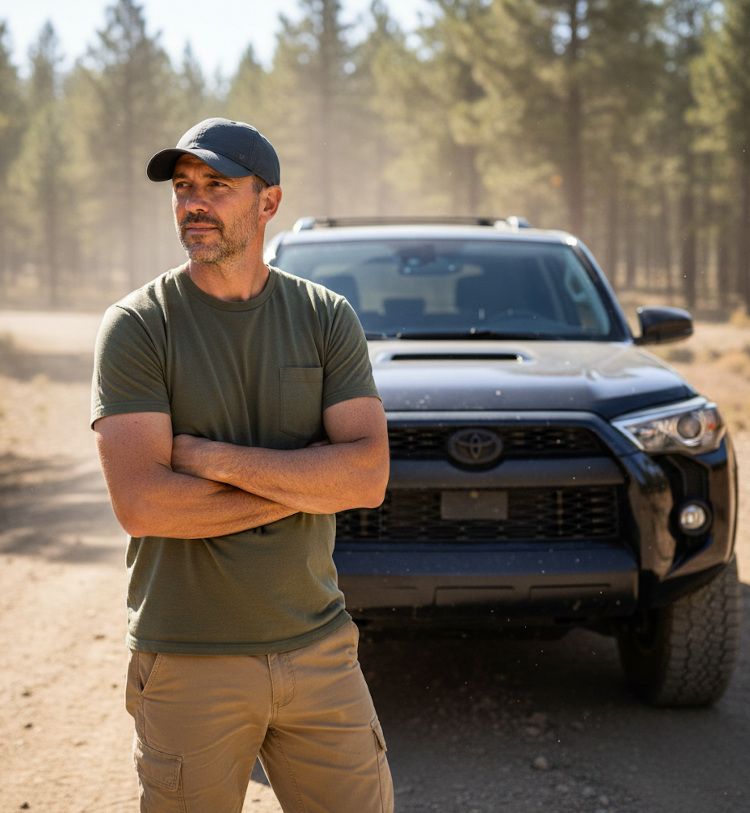 Man standing in front of a Toyota truck on a dirt road with trees in the background