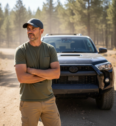 Man standing in front of a Toyota truck on a dirt road with trees in the background