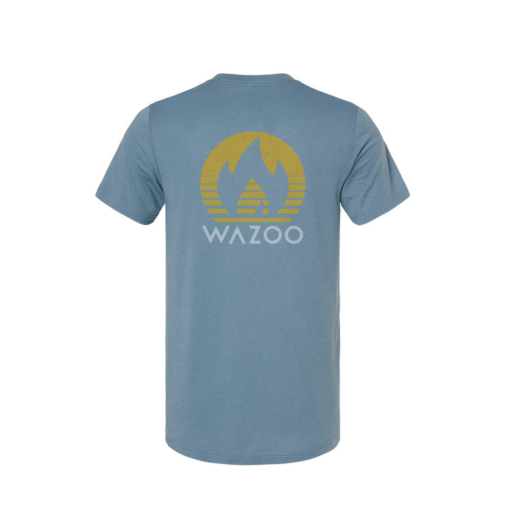 Back of the Wazoo retro sunset shirt on slate color tri-blend
