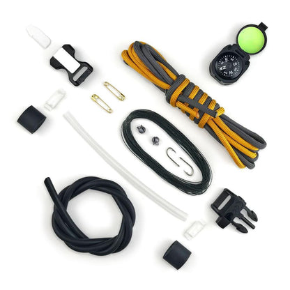 Adventure survival kit bracelet breakdown with fishing hooks, fire starters, and more
