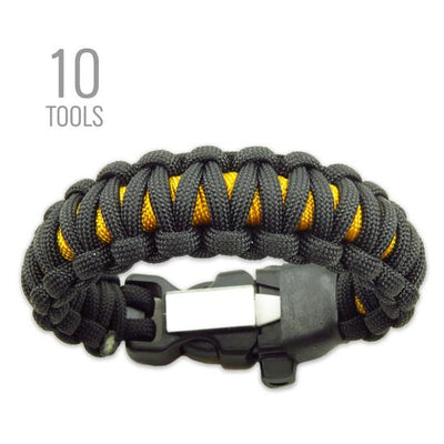 Minimalist survival kit bracelet with paracord, fishing kit, fire starter, whistle, and more