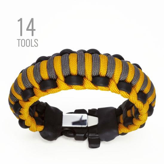 Mountaineer Survival Kit bracelet with 14 tools including wire saw, fishing kit, and fire starter buckle
