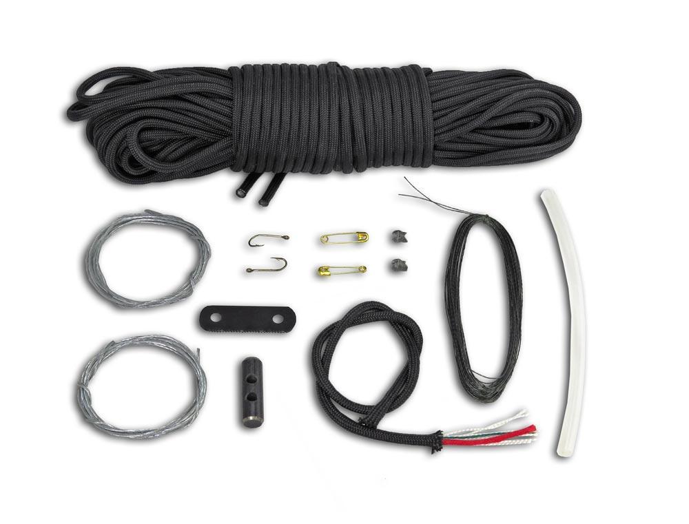 Components inside 550 paracord braided survival kit belt