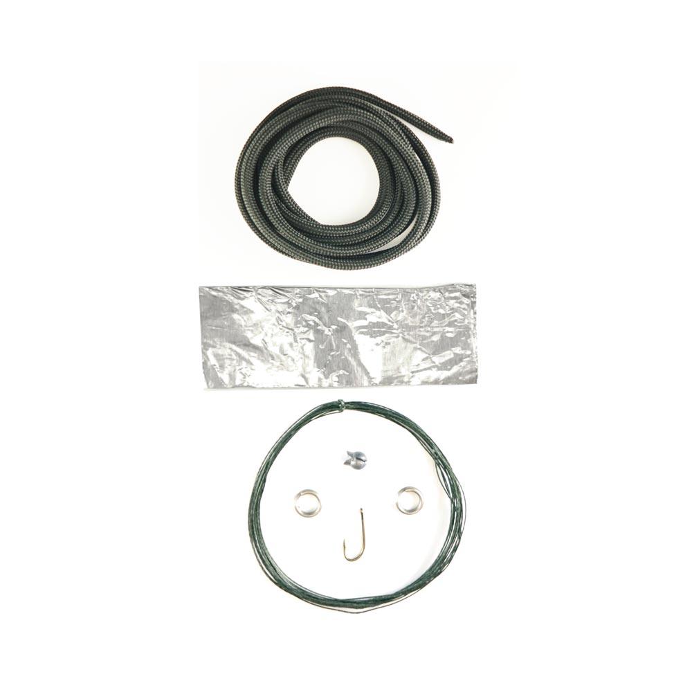 Zipper pull fishing kit with foil, weight, hook, and fishing line