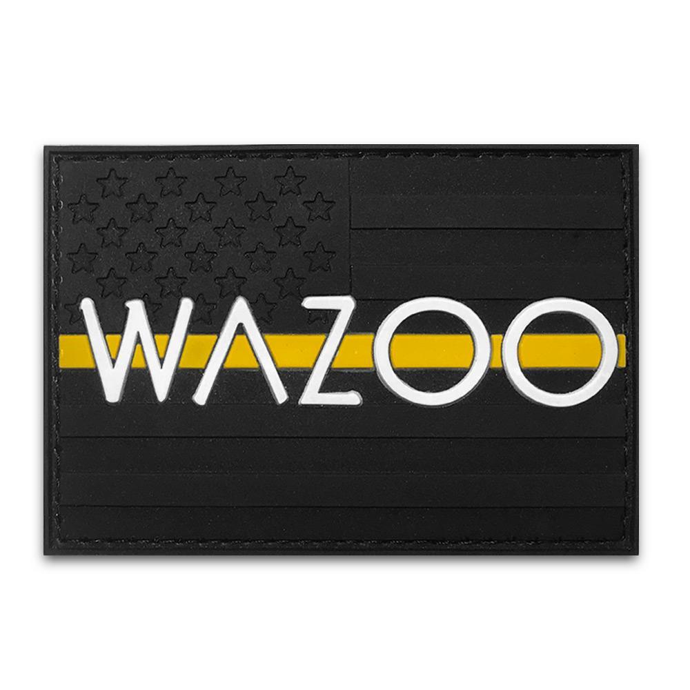 moral style patch with blacked out american flag and wazoo logo across the front