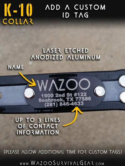 Custom engraved dog tag available on Wazoo collars