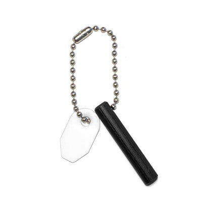 White ceramic scraper and firesteel with beveled edges on USA made bead chain