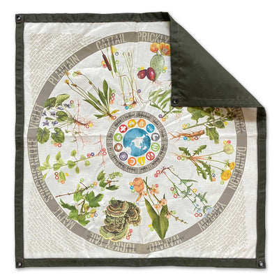 Waxed canvas ground cloth with foraging botanical prints and corner grommets on white background