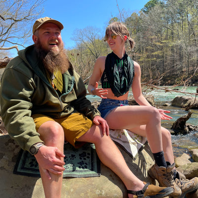 Waxed canvas sitting mat ground cloths by the Mulberry River in Arkansas