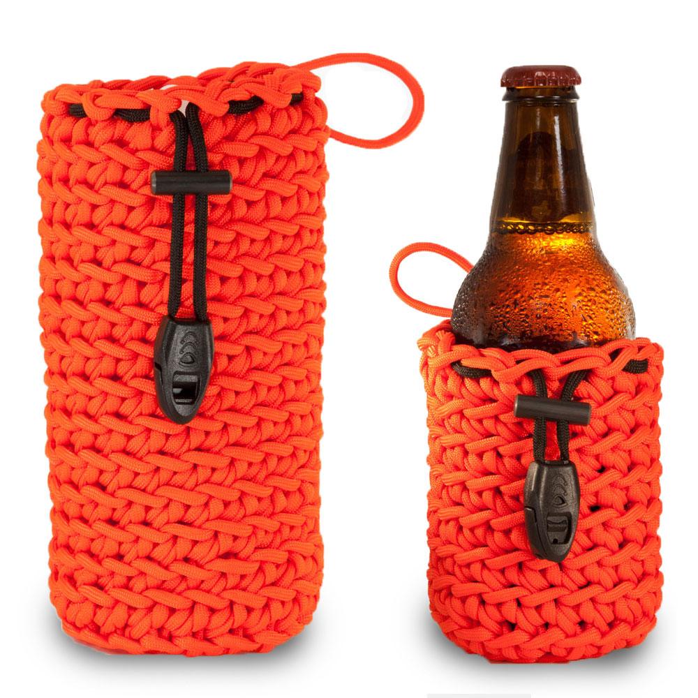 Paracord beverage skin pouch with whistle ferro rod and ceramic scraper
