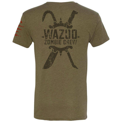 back of green wazoo zombie crew t-shirt with logo