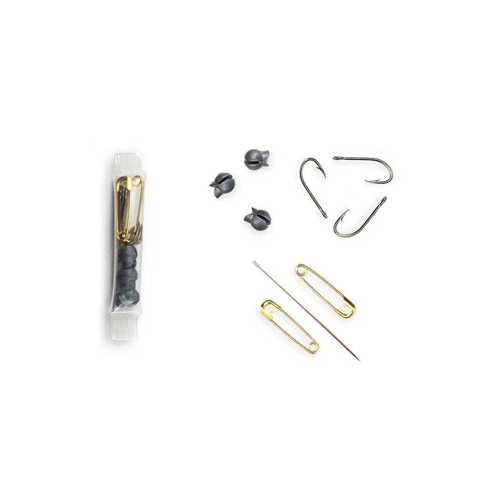 Survival hardware tube with fish hooks, split shot weights, safety pins, and magnetized needle