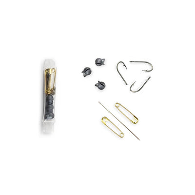 Survival hardware tube with fish hooks, split shot weights, safety pins, and magnetized needle